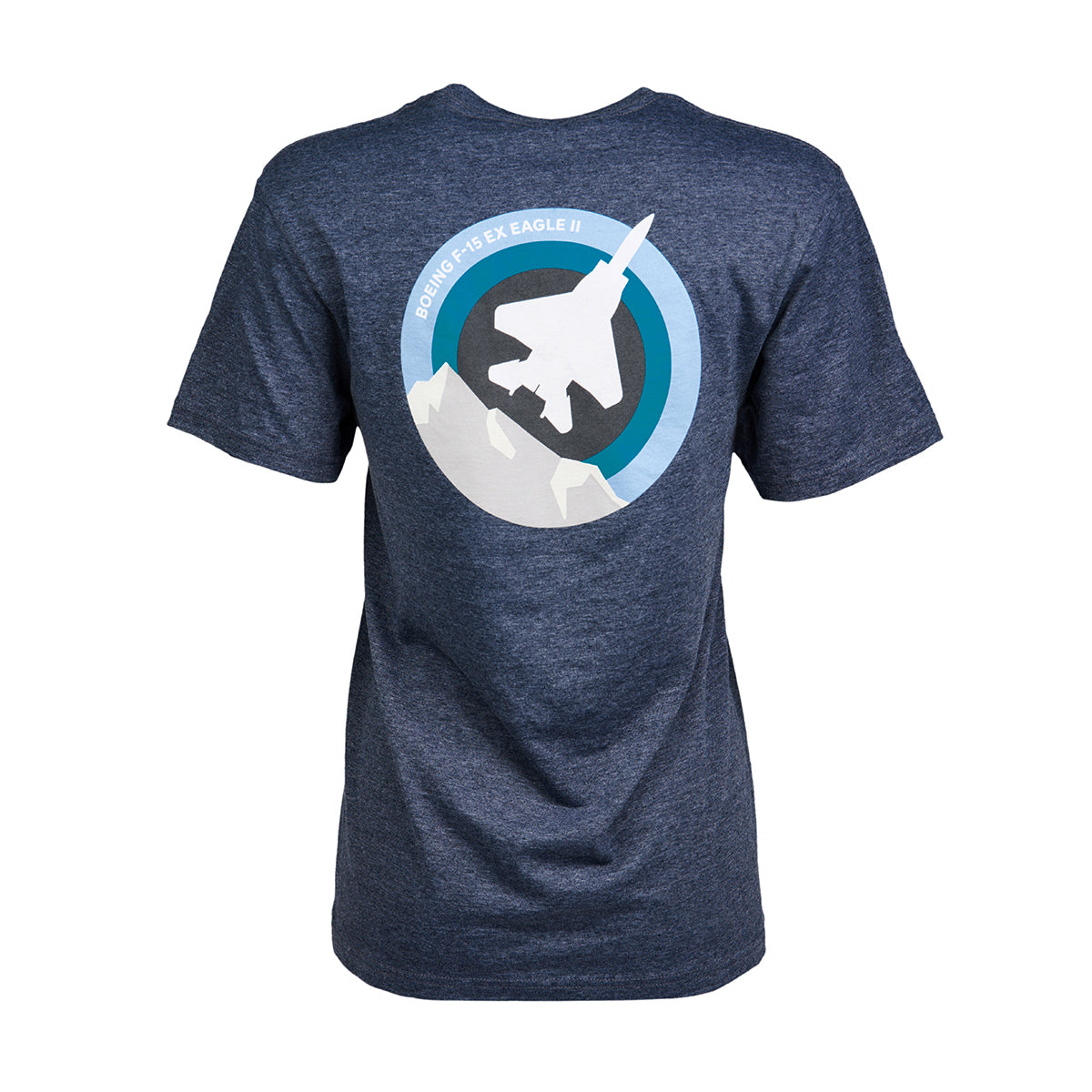 The navy Boeing F-15EX Eagle Skyward Unisex T-Shirt from Boeing boasts a bold graphic of a Boeing F-15EX Eagle II on the back, featuring a blue and gray roundel design.
