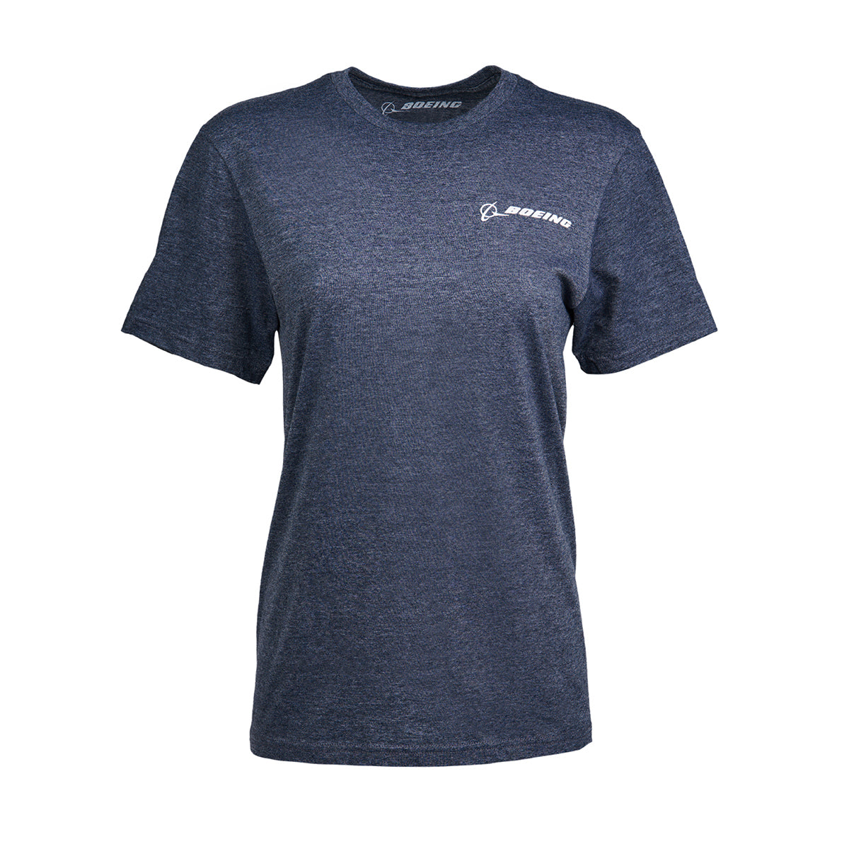 The Boeing F-15EX Eagle Skyward Unisex T-Shirt, in dark blue, features a small Boeing logo on the left chest. It has a classic crew neckline and short sleeves, set against a plain white background.