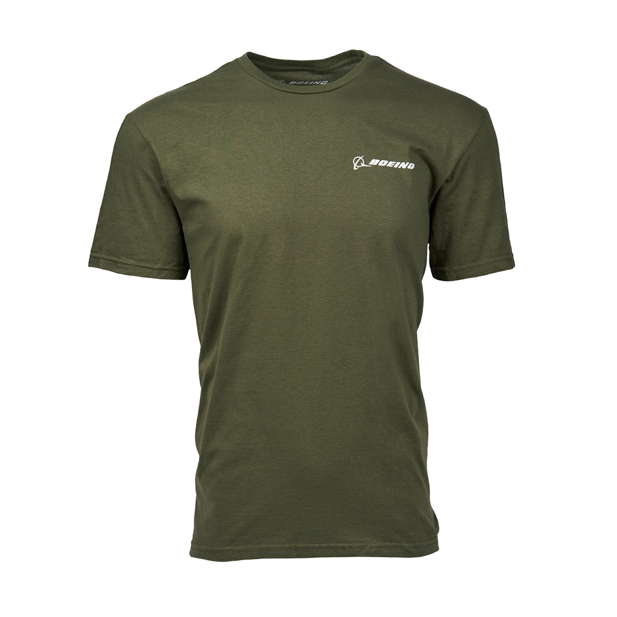 The Boeing C-17 Globemaster Skyward Unisex T-Shirt, in plain olive green, features a subtle white Boeing logo on the upper left chest. With short sleeves and a crew neckline, it perfectly suits aviation enthusiasts.
