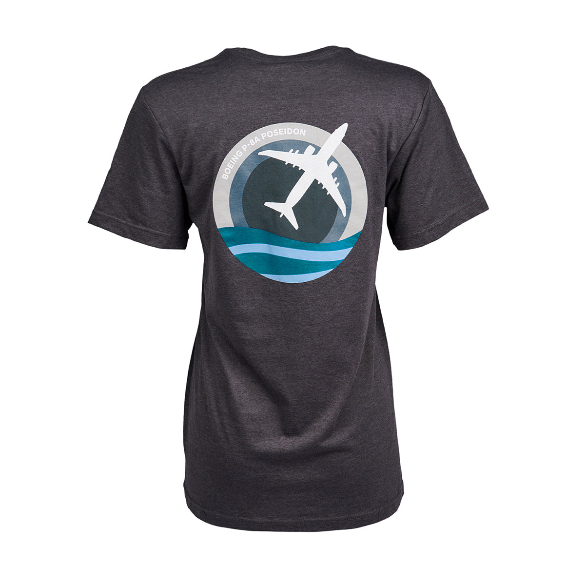 Dark gray Boeing P-8 Poseidon Skyward unisex T-shirt with a striking airplane graphic on the back, flying above stylized waves, encircled by POSEIDON in a roundel design.