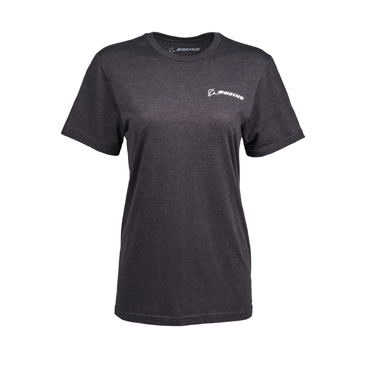 The Boeing P-8 Poseidon Skyward T-shirt is a dark gray, short-sleeved, unisex tee featuring a minimalist design, with a small white Boeing logo on the left chest and neck. Subtle roundel elements accent the crisp white background.