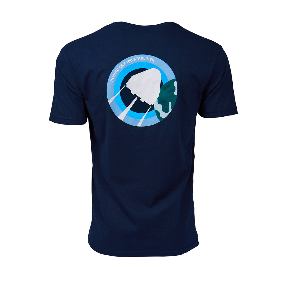 Full product image of the back side of the t-shirt in a blue color.  Showing the Skyward graphic of the Boeing CST-100 Starliner.