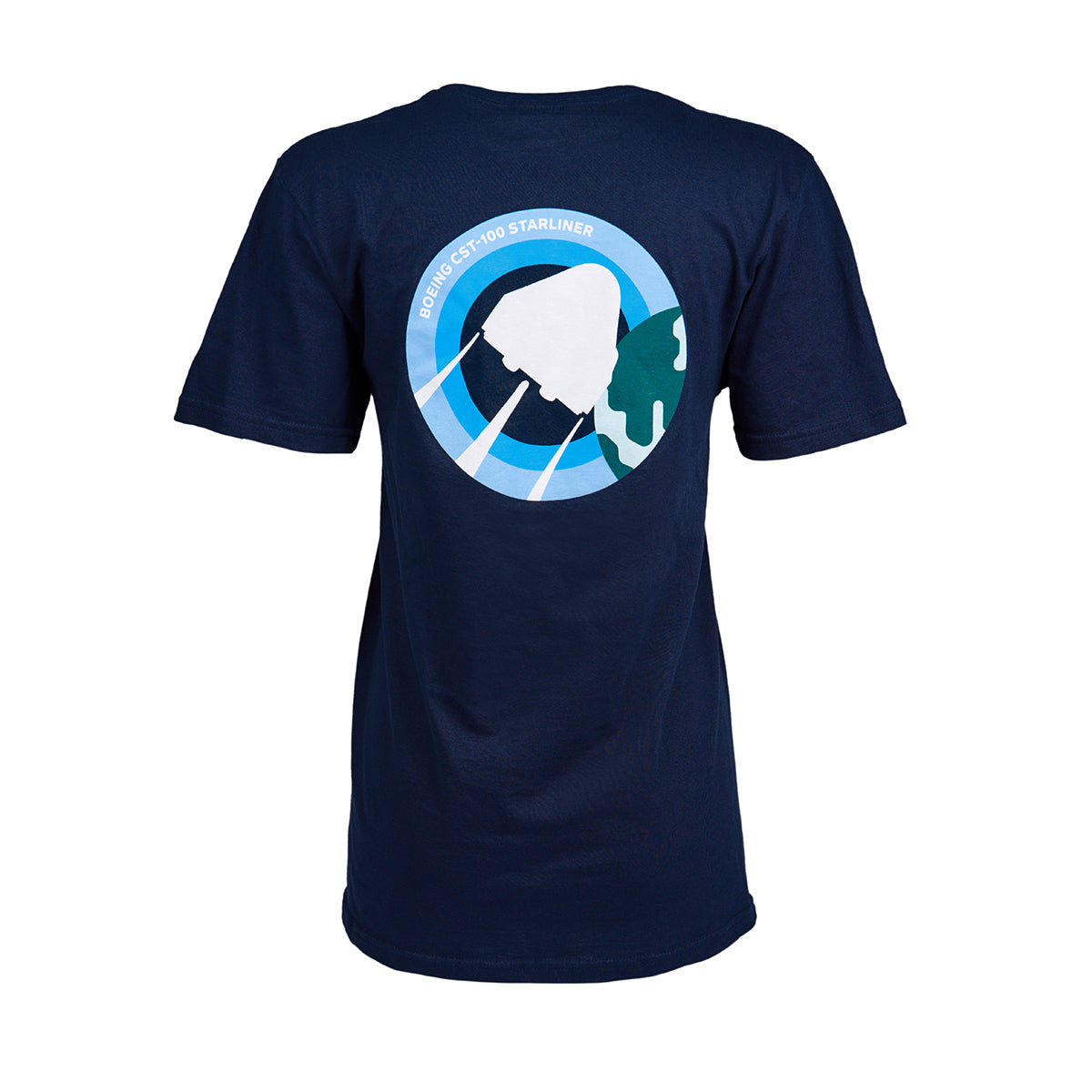 Check out the Boeing CST-100 Starliner Skyward Unisex T-Shirt: a navy blue tee featuring a bold roundel graphic on the back, showcasing Earth, a spacecraft, and surrounded by Boeing CST-100 Starliner.