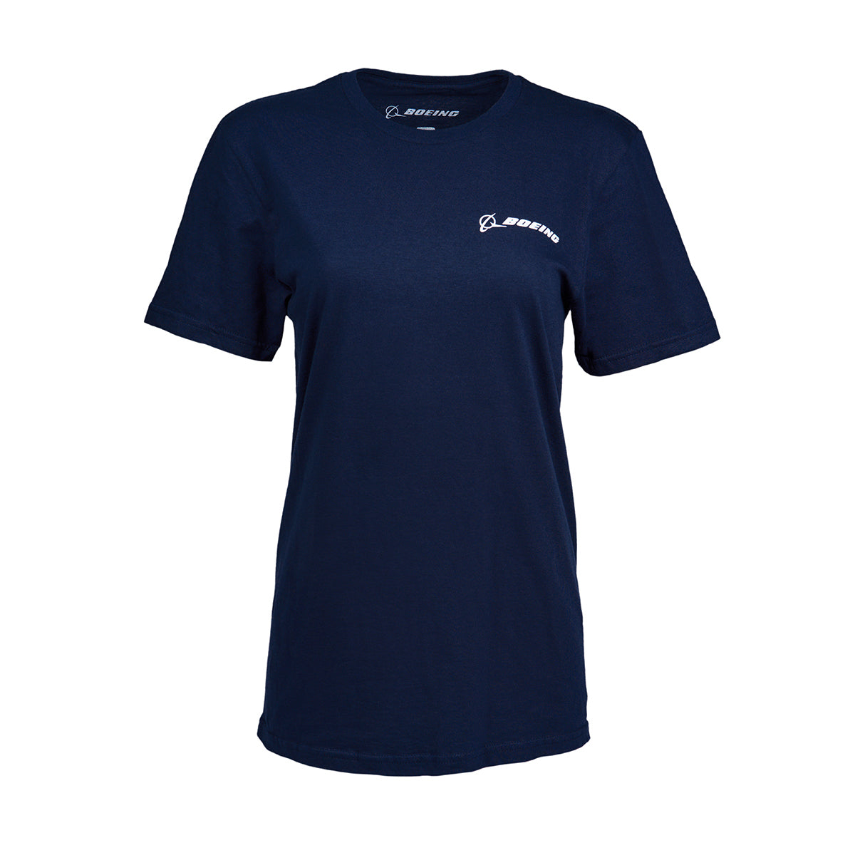 Navy blue Boeing CST-100 Starliner Skyward Unisex T-Shirt with a small white Boeing logo on the upper left chest. Its simple design and short sleeves are shown against a plain white background, appealing to aviation enthusiasts.