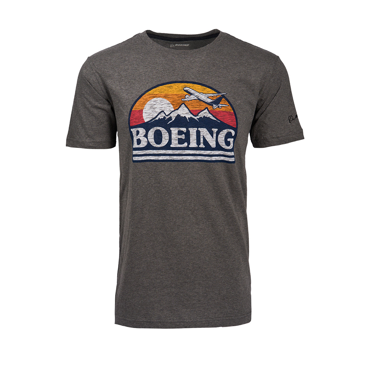 Boeing Horizon Mens T-Shirt features a gray design with a vivid graphic of a plane soaring over mountains at sunset, complete with the Boeing logo, embodying the aviation spirit.