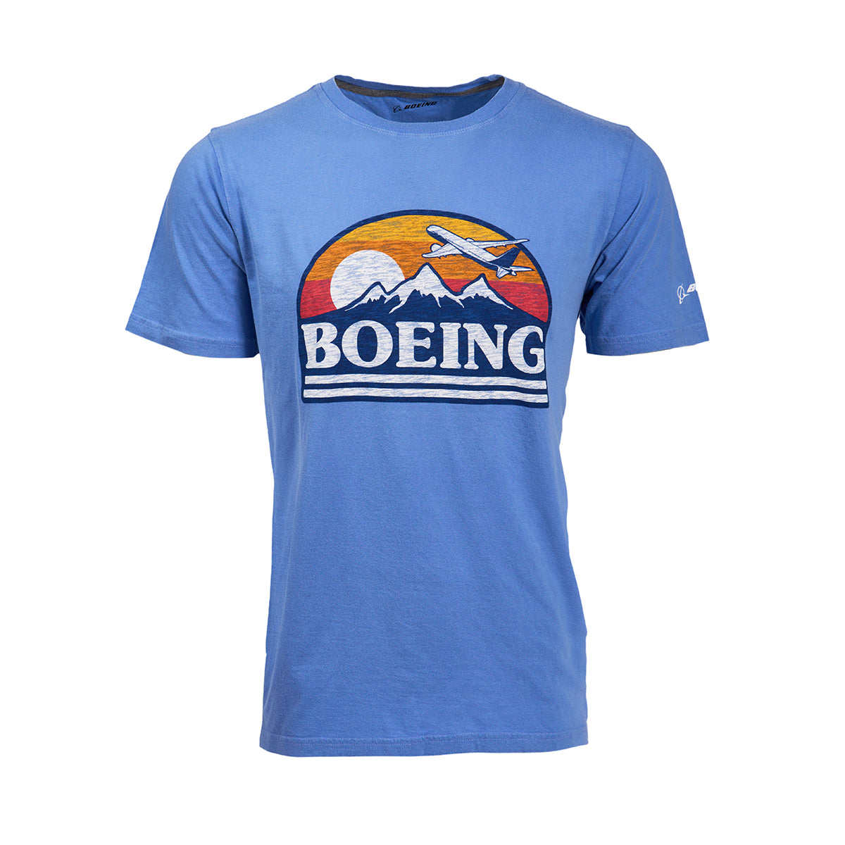 Capture the aviation spirit with the Boeing Horizon Mens T-Shirt. This blue tee features a sunset, mountains, and an airplane soaring over BOEING, perfect for dreamers of the Boeing Horizon.