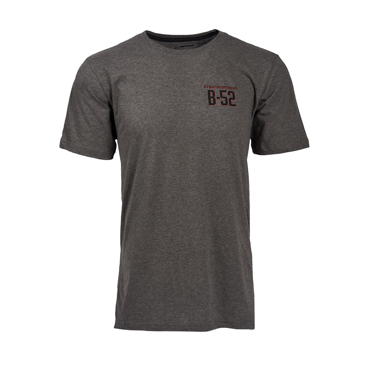 The Boeing B-52 Mens T-Shirt by Boeing is a gray, short-sleeve tee made from a premium cotton blend. It features red and black B-52 text on the left chest area, honoring the B-52 Stratofortress, and has a classic crew neck design for comfort and style.