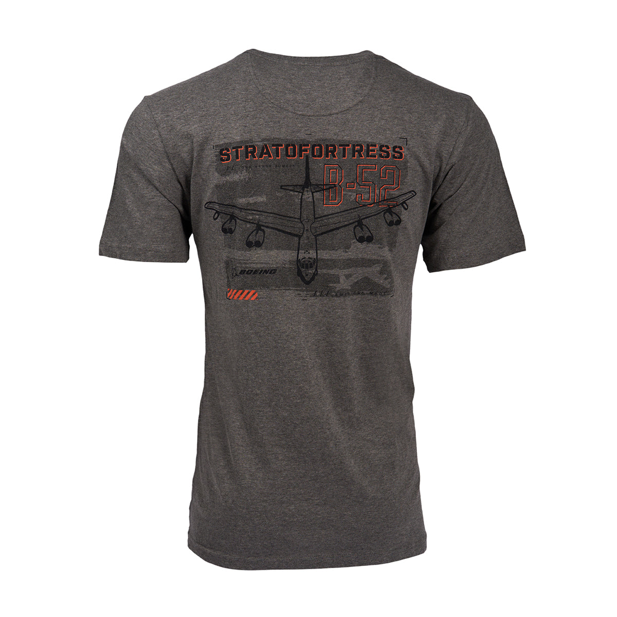 The Boeing B-52 Mens T-Shirt by Boeing is a gray tee made from a comfortable cotton blend. It showcases a graphic of the iconic B-52 Stratofortress aircraft with STRATOFORTRESS B-52 in bold orange and black letters on the chest.
