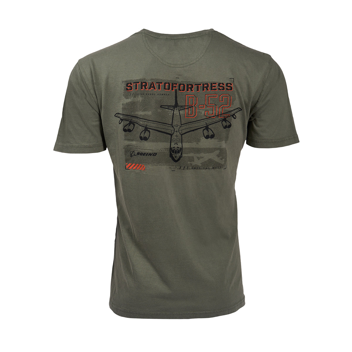 The Boeing B-52 Mens T-Shirt features an olive green hue with a soft cotton blend, adorned with a black and orange graphic of the iconic B-52 Stratofortress. It includes the text STRATOFORTRESS B-52 and BOEING, highlighted by detailed technical diagrams in the background.