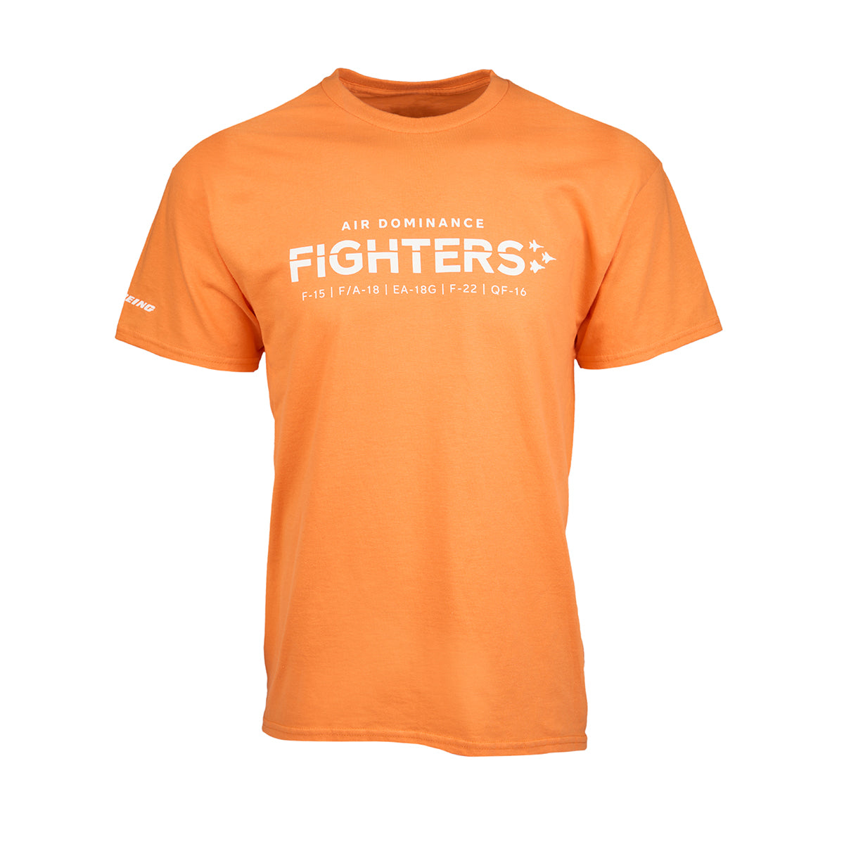 The Boeing Fighters QF-16 Unisex T-Shirt by Boeing is an orange Ultra Cotton tee with white Boeing Air Dominance Fighters text, listing F-15, F/A-18, EA-18G, F-22, and QF-16, accented by star graphics.