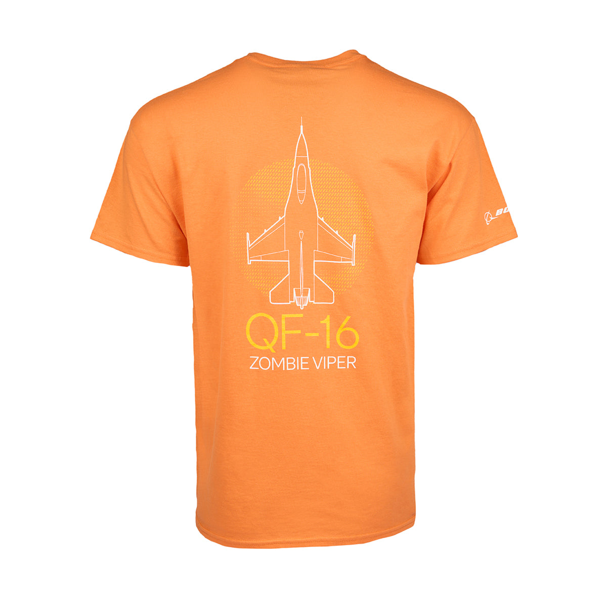 The Boeing Fighters QF-16 Unisex T-Shirt features a white fighter jet outline and ZOMBIE VIPER text on the back, plus a small sleeve logo. Perfect for Boeing Air Dominance Fighters fans.