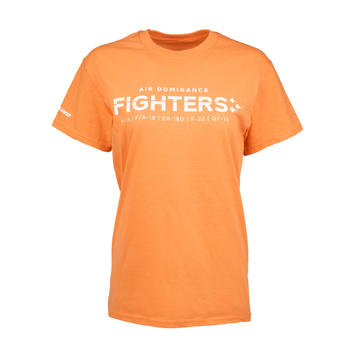 The Boeing Fighters QF-16 Unisex T-Shirt is an orange Ultra Cotton tee with white Boeing Air Dominance Fighters text and jet models F-15, F/A-18, EA-18G, F-22, QF-16. The left sleeve features the Boeing logo in white.