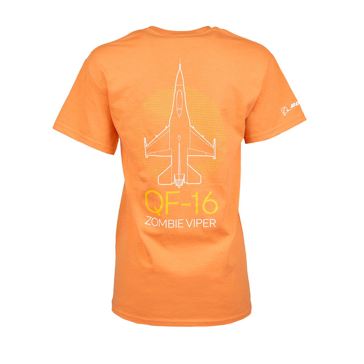 The Boeing Fighters QF-16 Unisex T-Shirt by Boeing is a heavyweight orange shirt with a white jet fighter outline, QF-16 Zombie Viper text below, and a small Boeing logo on the sleeve—ideal for aviation and Air Dominance Fighter fans.