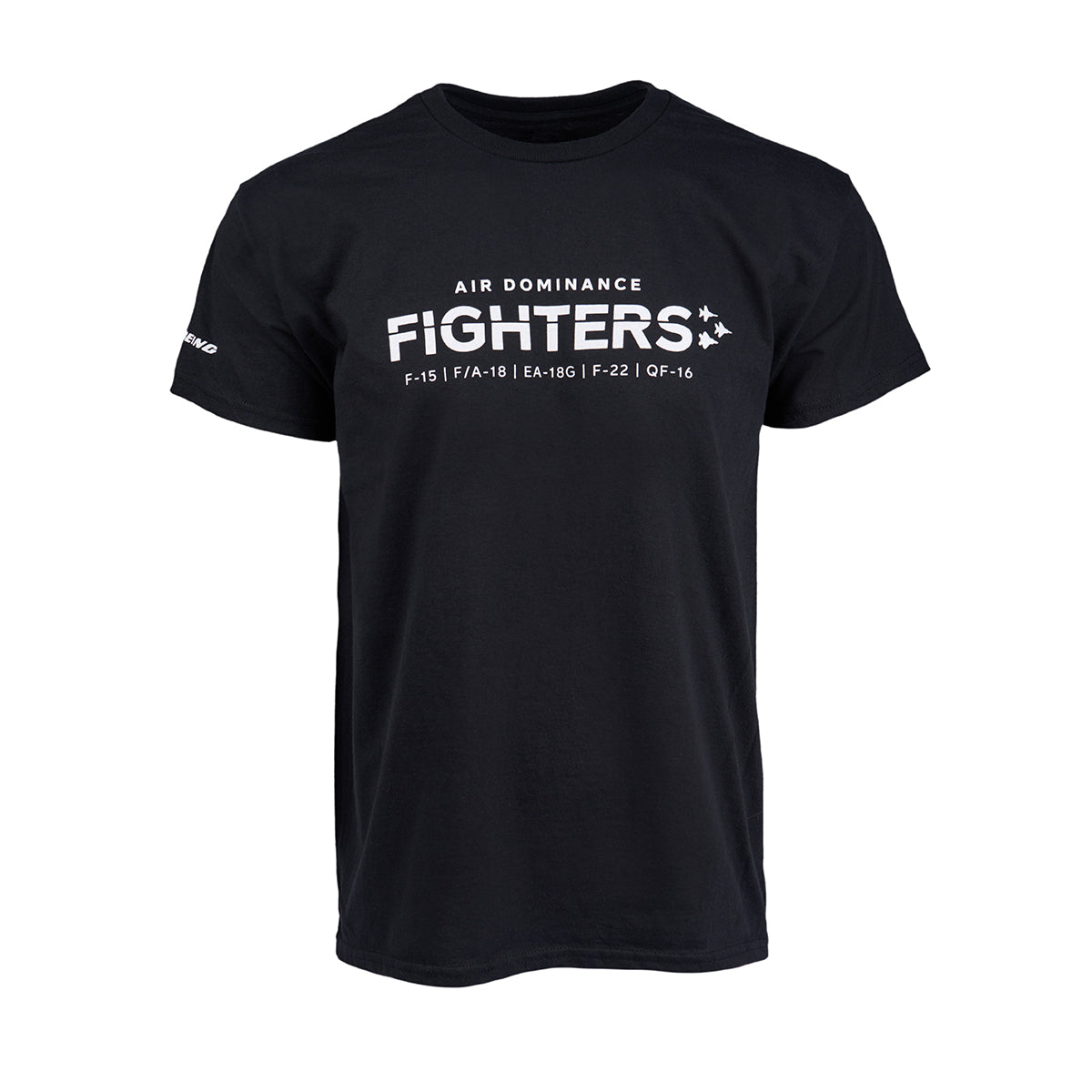 The Boeing Fighters F-15 Unisex T-Shirt is black with Air Dominance Fighters in white text, listing models: F-15, F/A-18, EA-18G, F-22, and QF-16. It features small stars and a sleeve logo—ideal for any aviation enthusiast.