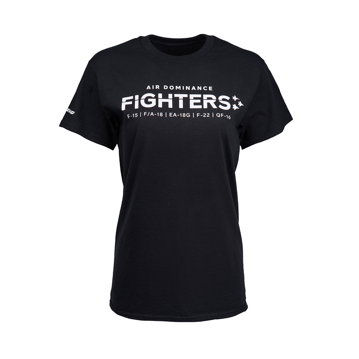 The Boeing Fighters F-15 Unisex T-Shirt features AIR DOMINANCE FIGHTERS in white, with aircraft models: F-15, F/A-18, EA-18G, F-22, QF-16. Its ideal for Boeing aviation enthusiasts.