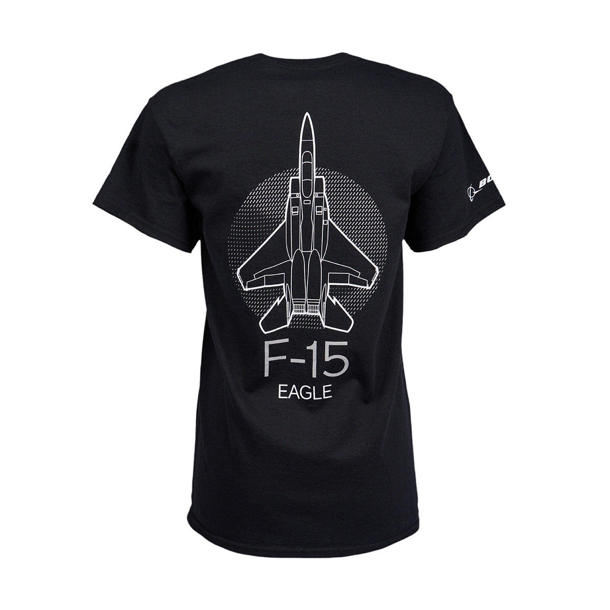 The Boeing Fighters F-15 Unisex T-Shirt from Boeing showcases a black tee with a white outline of the F-15 Eagle jet from above, featuring F-15 and EAGLE below—ideal for fans of iconic Air Dominance Fighters.