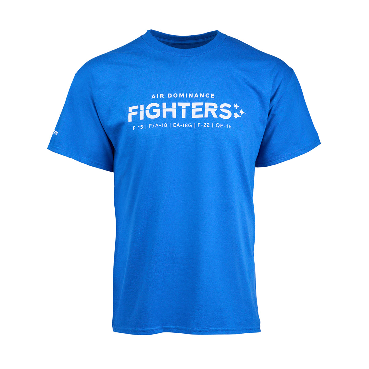 The Boeing Fighters F/A-18 Unisex T-Shirt in blue showcases AIR DOMINANCE FIGHTERS in white with jet silhouettes, featuring models like the Boeing F/A-18, F-15, EA-18G, F-22, and F-16 for aviation enthusiasts.