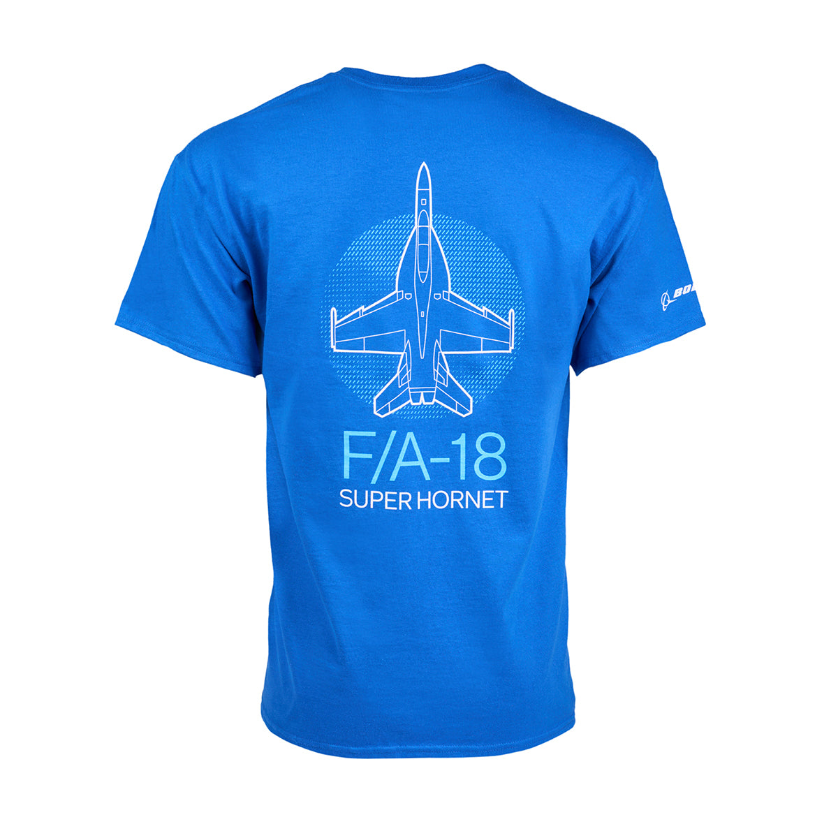 The Boeing Fighters F/A-18 Unisex T-Shirt displays a top-view white outline of the F/A-18 Super Hornet jet on its blue back, with F/A-18 Super Hornet text below. Made from Ultra Cotton, it features the Boeing logo on the sleeve.