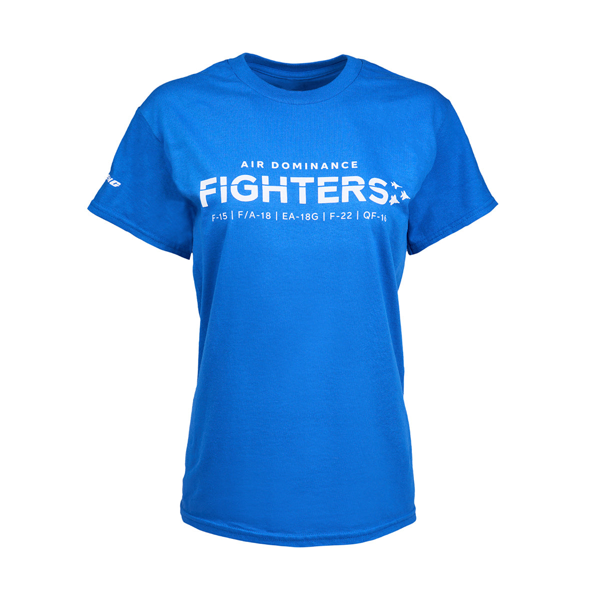The Boeing Fighters F/A-18 Unisex T-Shirt from Boeing is blue with Air Dominance Fighters in white and a sleek aircraft silhouette, highlighting the F/A-18, F-15, EA-18G, and F-22 line-up for aviation enthusiasts.