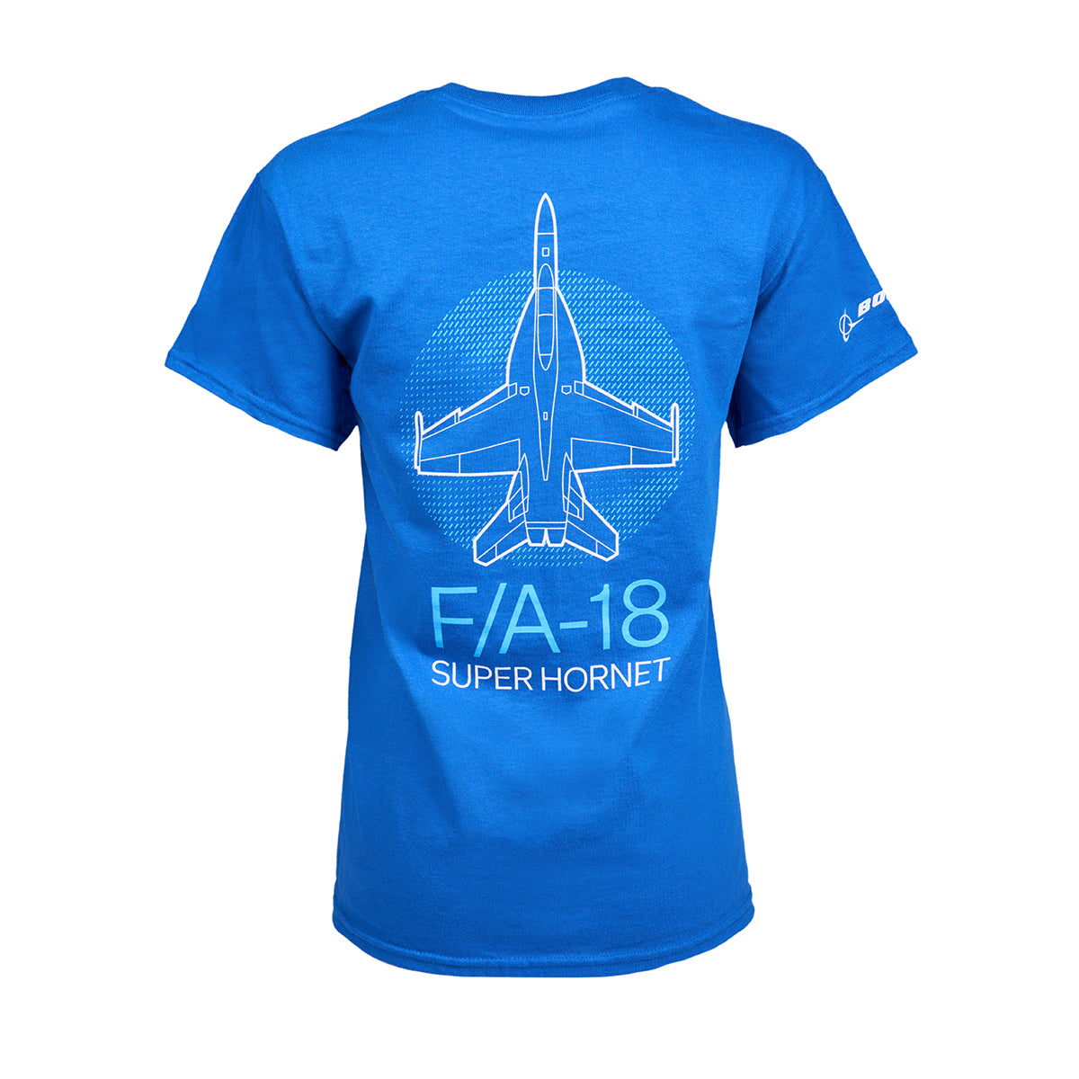 Boeing Fighters F/A-18 Unisex T-Shirt by Boeing: Blue ultra cotton tee with a top-view white line drawing of a Boeing F/A-18 Super Hornet. F/A-18 Super Hornet text showcases below, complemented by a small logo on the left sleeve.