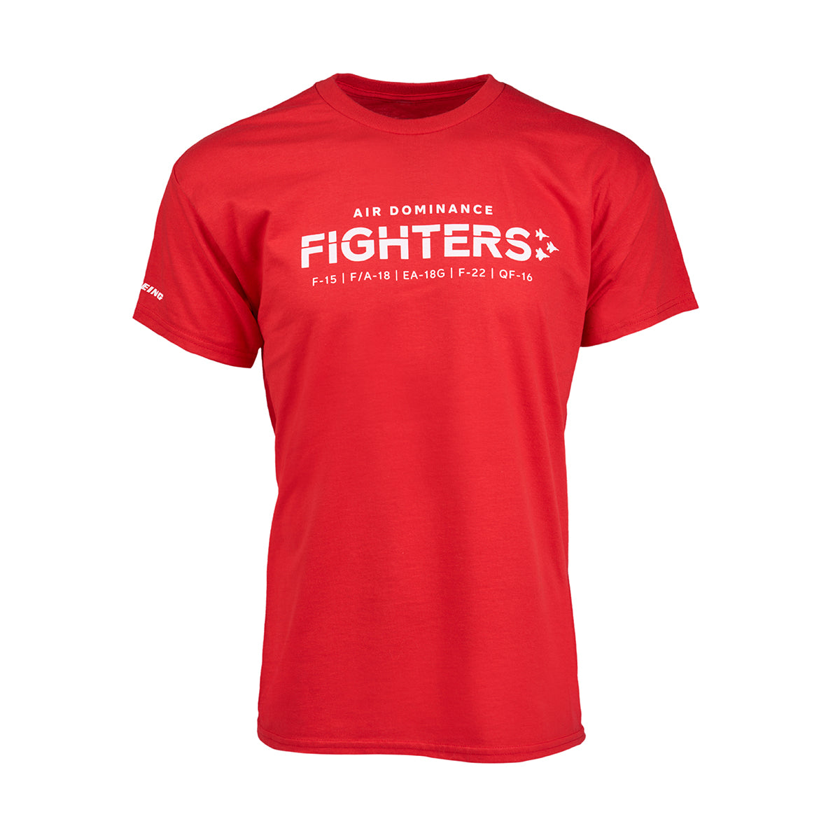The Boeing Fighters Unisex T-Shirt, in Ultra Cotton red, features Boeing Air Dominance Fighters in bold white text with F-15, F/A-18, EA-18G, F-22, and QF-16 beneath. Designed for comfort and style, its ideal for aviation enthusiasts.