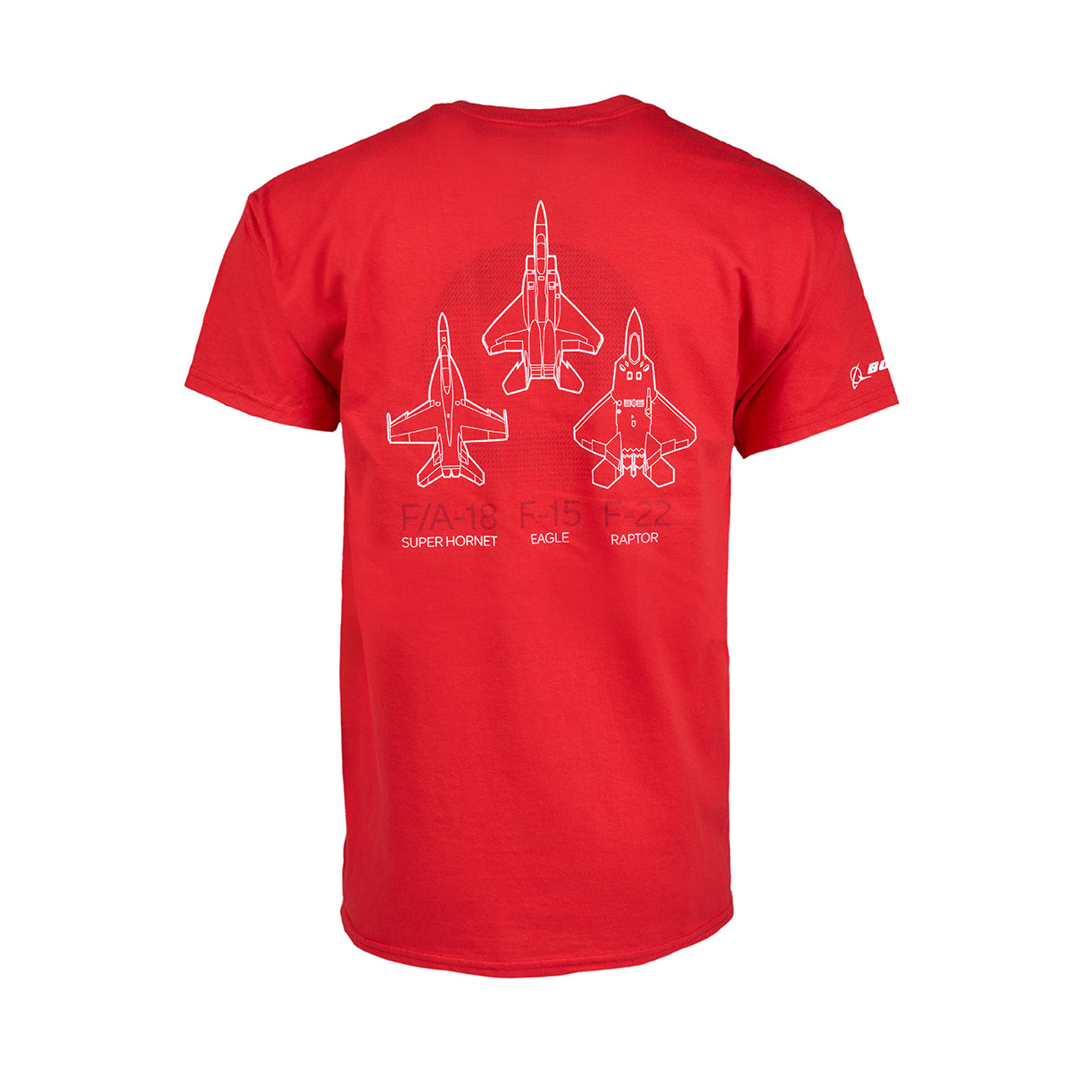 The Boeing Fighters Unisex T-Shirt by Boeing is red Ultra Cotton and displays white outline illustrations of three Air Dominance Fighters: the F/A-18 Super Hornet, F-15 Eagle, and F-22 Raptor.