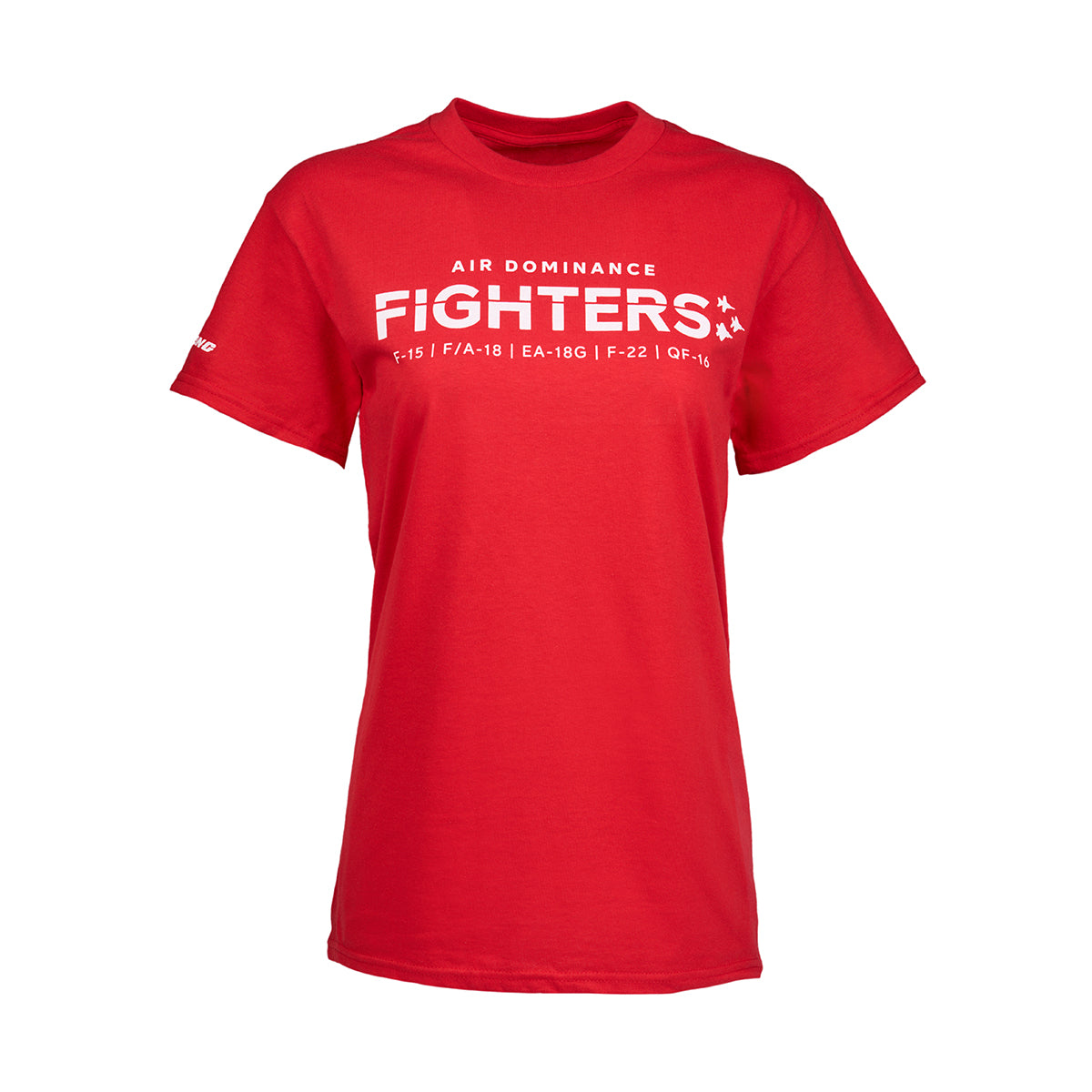 The Boeing Fighters Unisex T-Shirt features bold Boeing Air Dominance Fighters text and a list of aircraft models: F-15, F/A-18, EA-18G, F-22, QF-16. A sleek logo on the sleeve adds flair.