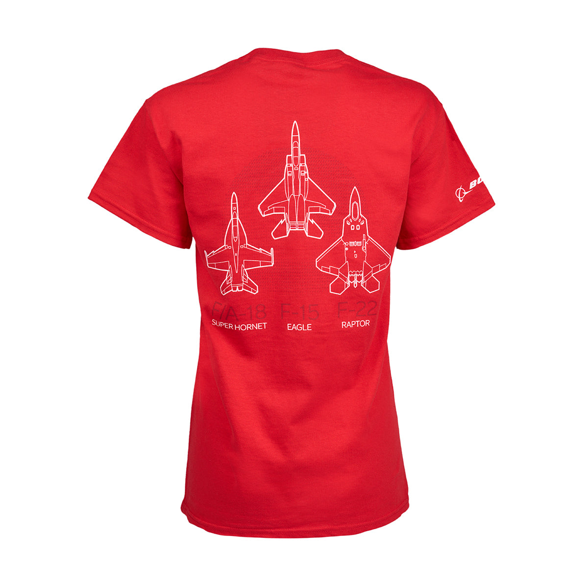 The Boeing Fighters Unisex T-Shirt by Boeing features red Ultra Cotton with white outline drawings of the F/A-18 Super Hornet, F-15 Eagle, and F-22 Raptor, labeled beneath each image. A small logo adorns the right sleeve, providing style and comfort for aviation enthusiasts.