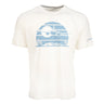 Forward facing Boeing commercial aircraft flying in the horizon.  Graphic in light blue color on an ivory color t-shirt.