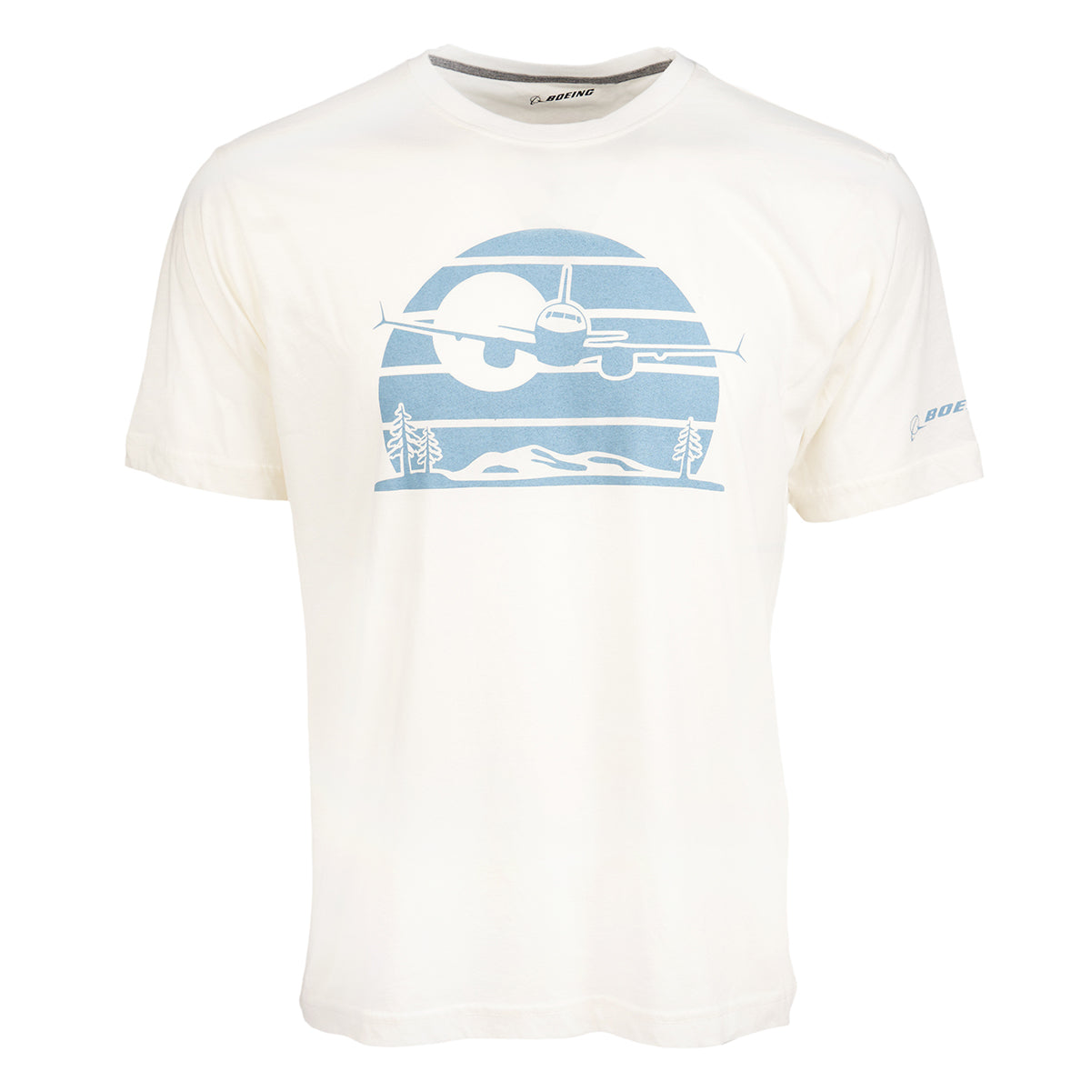 Forward facing Boeing commercial aircraft flying in the horizon.  Graphic in light blue color on an ivory color t-shirt.