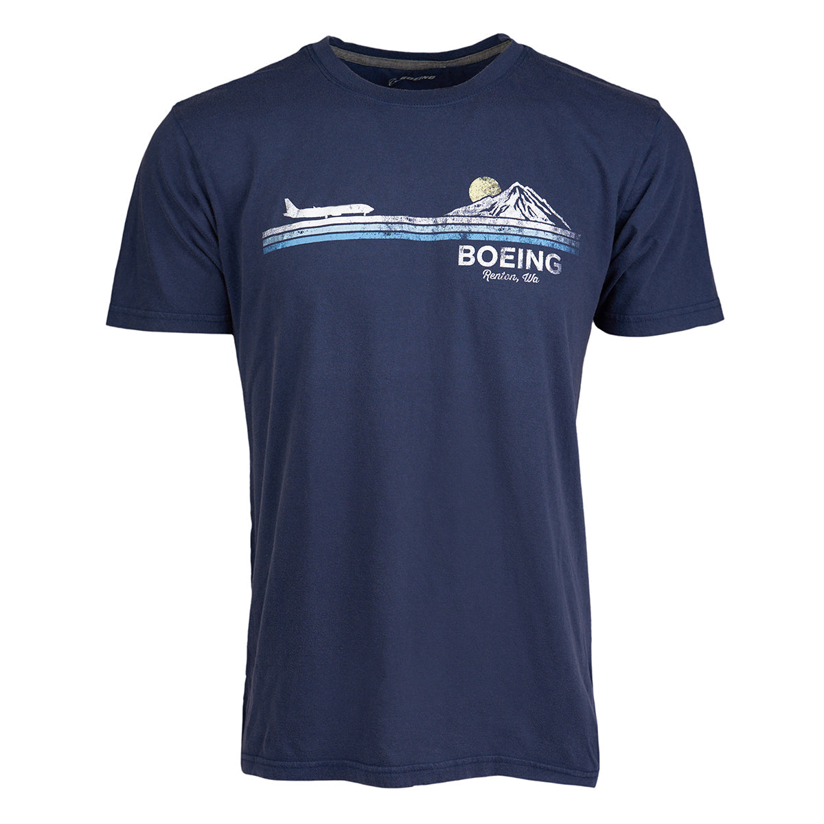 The Boeing 737 Peak Departure Men’s T-Shirt by Boeing features a navy blue cotton jersey design with an airplane, mountain graphic, and the word “BOEING” above “Renton, WA”—making it the ideal choice for anyone seeking a classic men’s vintage t-shirt or a Boeing 737-themed tee.