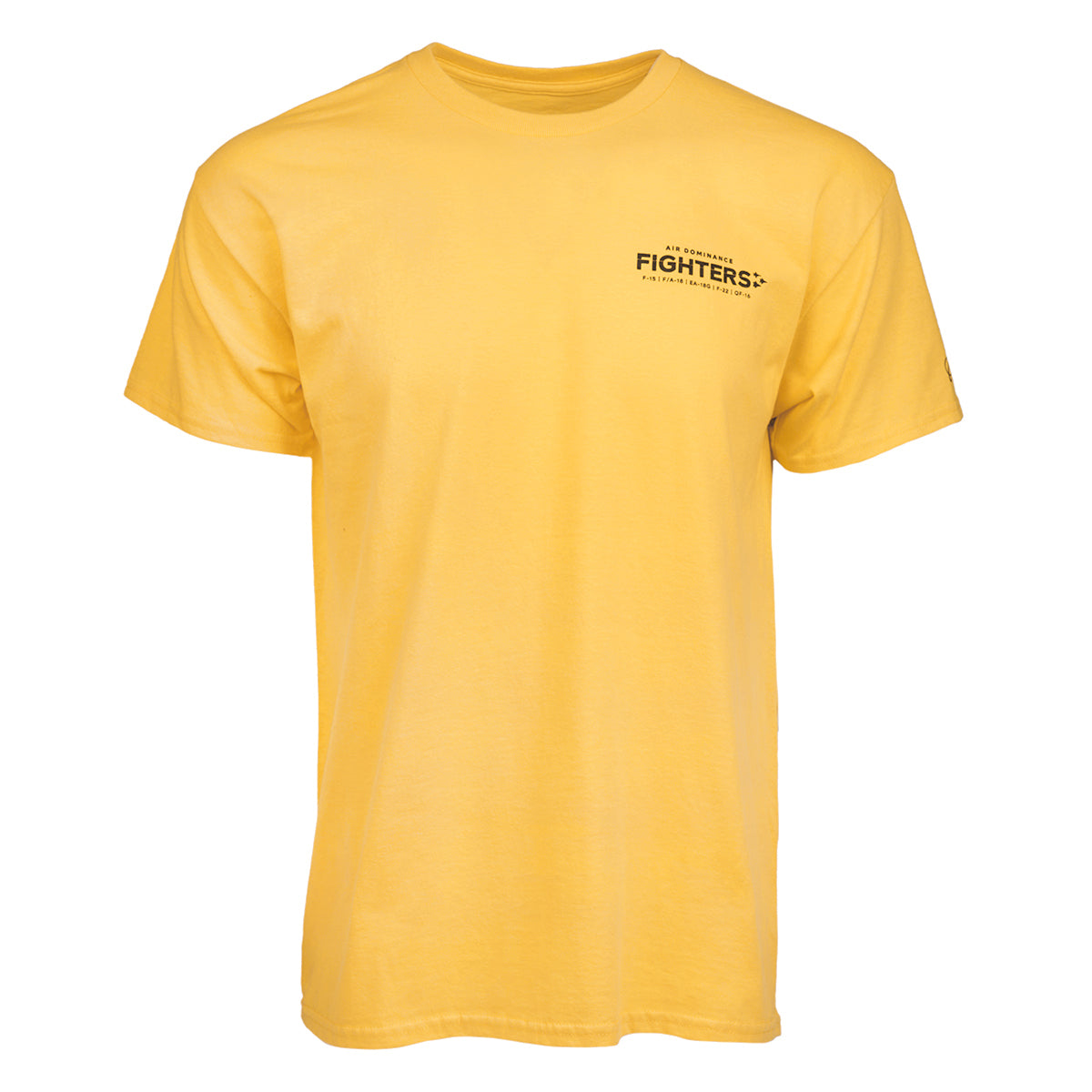The Boeing EA-18G Growler Unisex T-Shirt is yellow with FIGHTERS in black on the left chest, inspired by Boeings EA-18G Growler. It features short sleeves and a classic crew neck for a bold look.