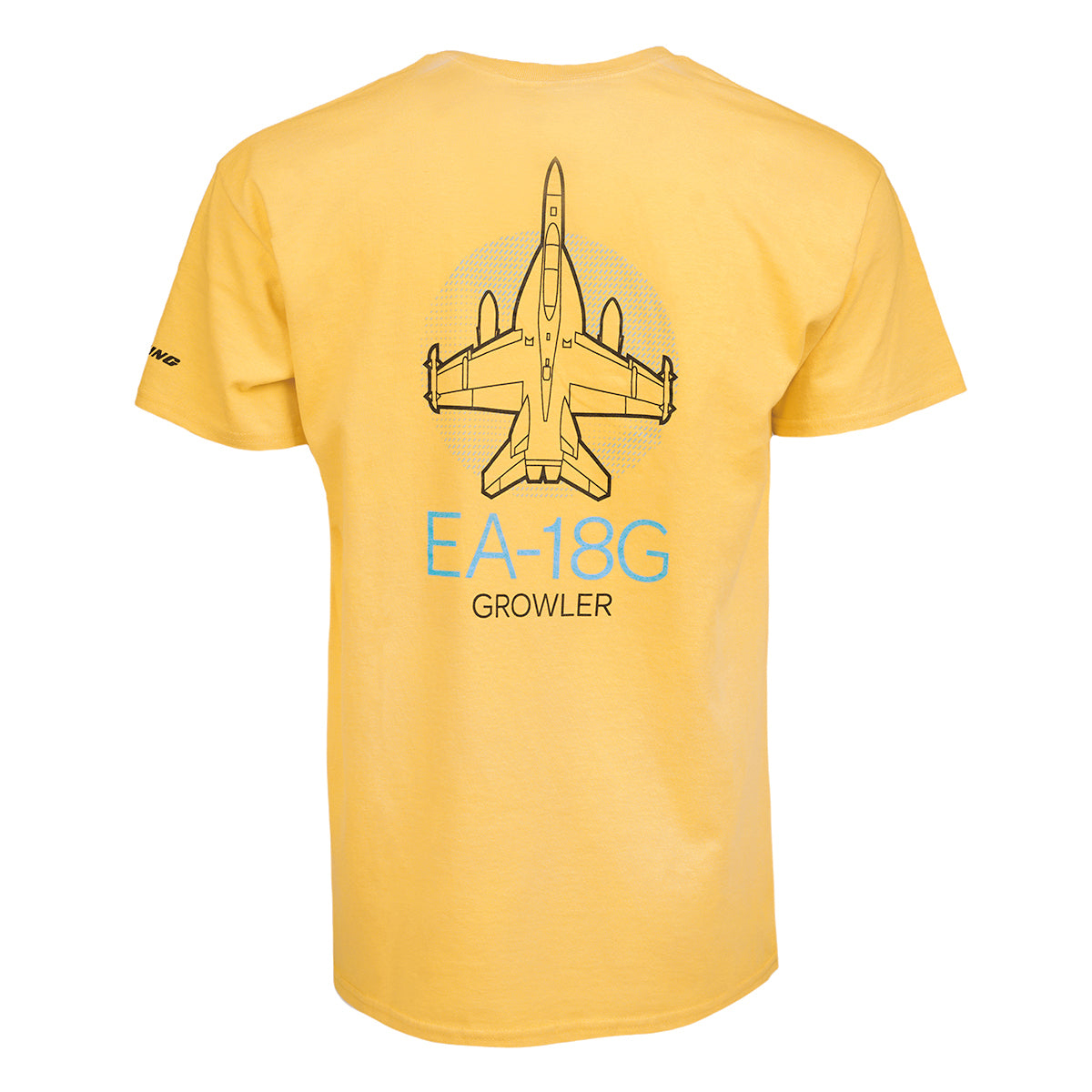 Yellow Boeing EA-18G Growler Unisex T-Shirt: features a black top view outline of this electronic warfare aircraft with blue text EA-18G GROWLER below.