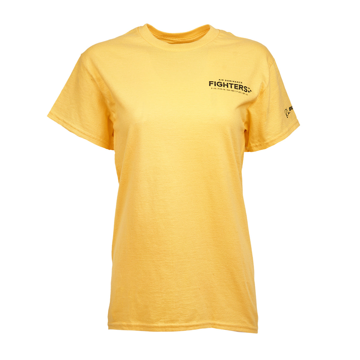 The yellow Boeing EA-18G Growler Unisex T-Shirt showcases Fighters+ in bold black text, inspired by the EA-18G Growler aircraft, with a Boeing logo on the sleeve. Set against a plain white background, it blends aviation prowess and style.