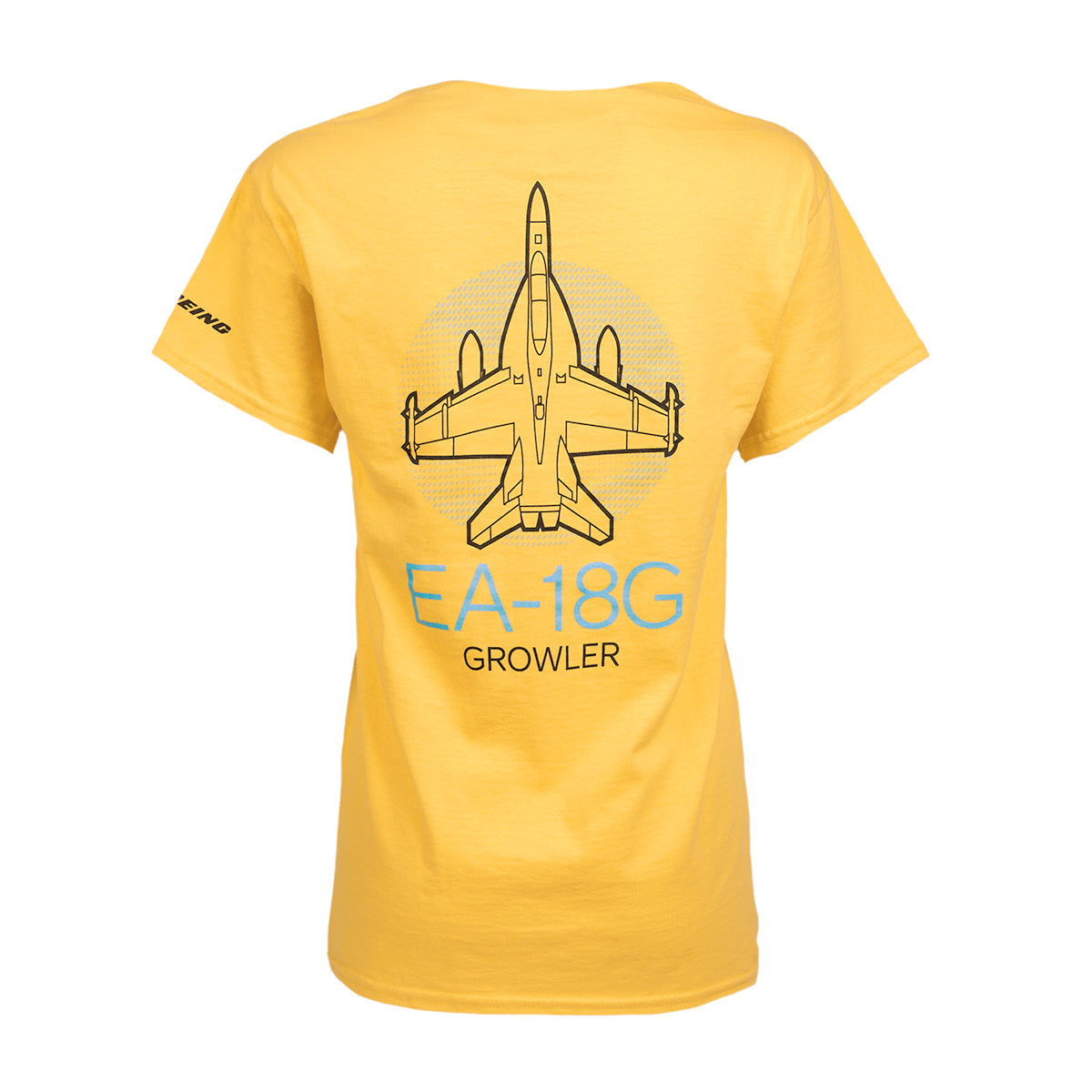 Boeing EA-18G Growler Unisex T-Shirt in yellow showcases a top-down view of the advanced electronic warfare aircraft, Growler on the back, and the iconic Boeing logo on the sleeve.