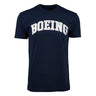 The Boeing Varsity Logo Mens T-Shirt by BOEING is a navy blue, unisex tee made from soft ring-spun cotton, showcasing a bold white logo across the chest.