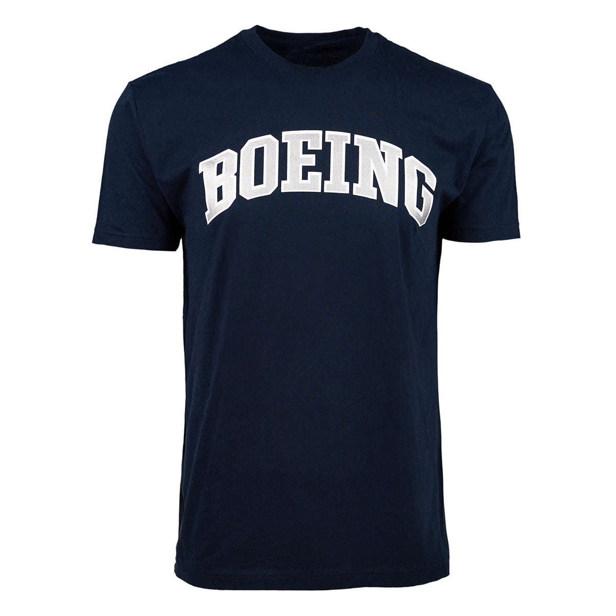 The Boeing Varsity Logo Mens T-Shirt by BOEING is a navy blue, unisex tee made from soft ring-spun cotton, showcasing a bold white logo across the chest.