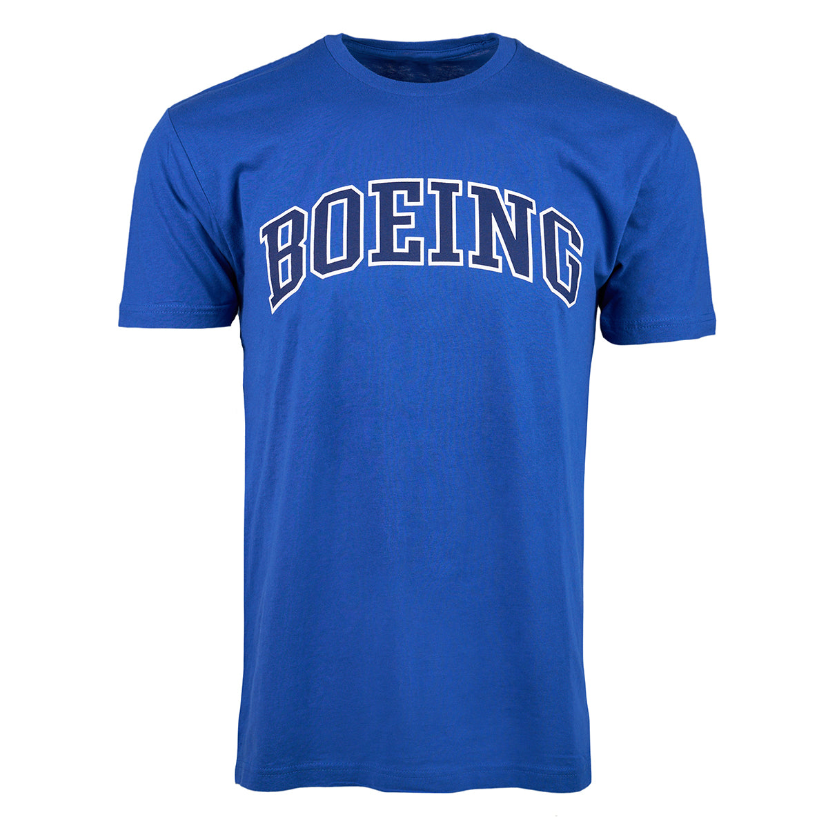 The Boeing Varsity Logo Mens T-Shirt by BOEING is a blue unisex top made from soft, ring-spun cotton with the varsity logo in bold white capital letters on the chest.