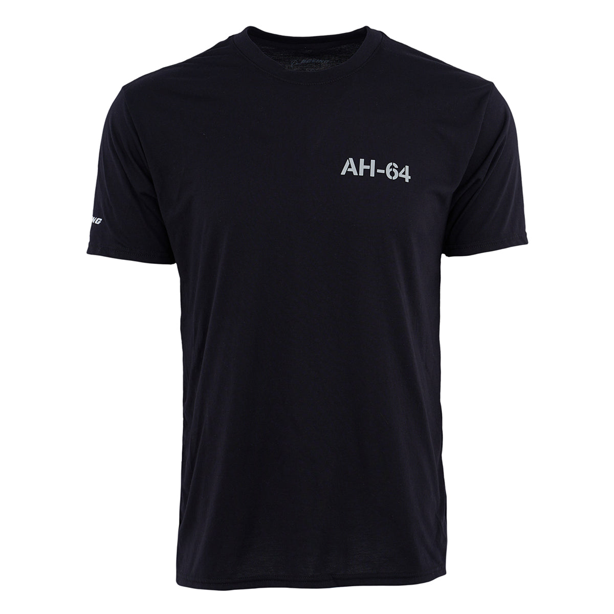 The Boeing AH-64 Apache Series Unisex T-Shirt by BOEING is a plain black, short-sleeve performance tee featuring “AH-64” in white text on the left chest—ideal for aviation fans.
