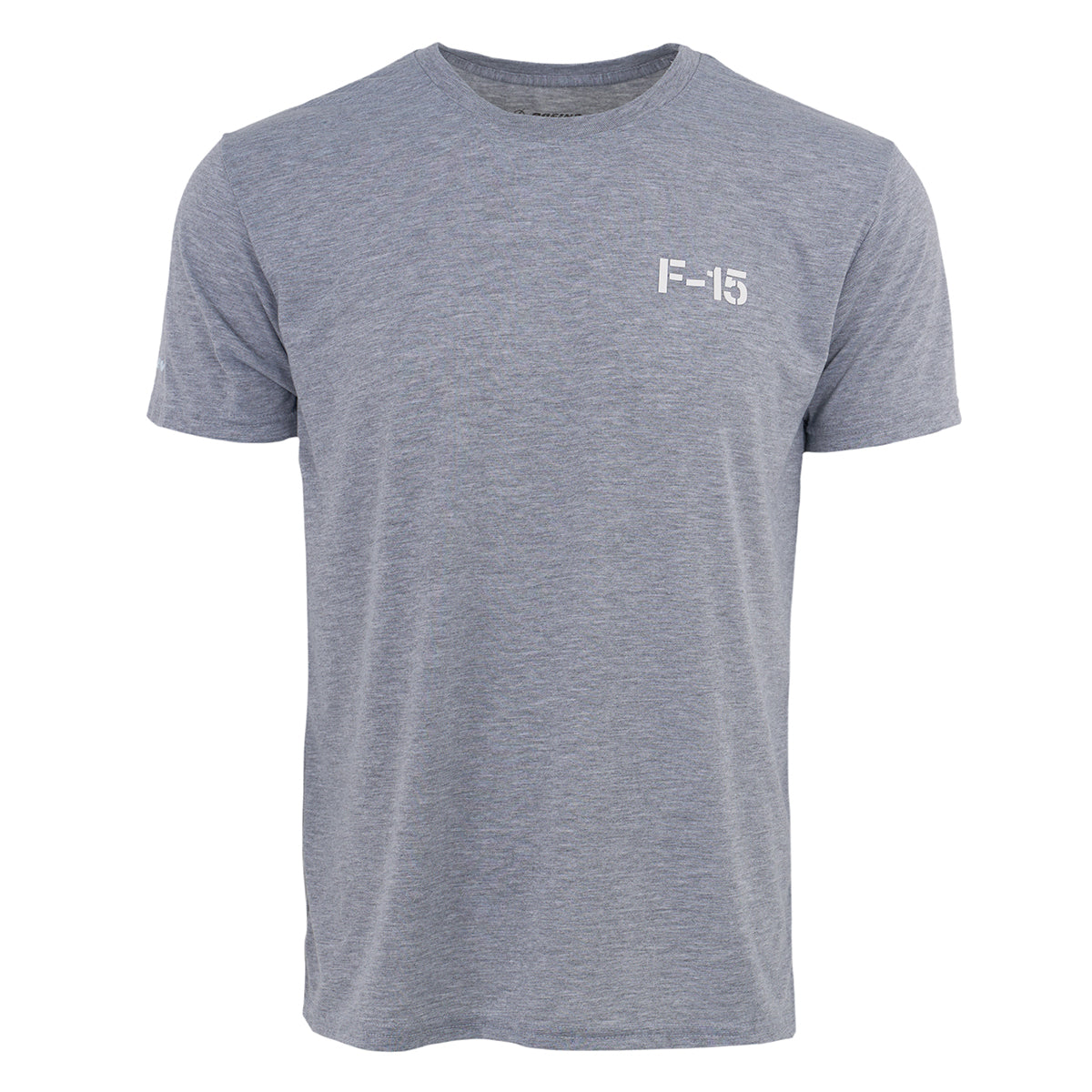 The BOEING F-15 Eagle Series Unisex T-Shirt is a light gray performance tee with small white F-15 text on the left chest, shown on a white background—ideal for aviation fans.
