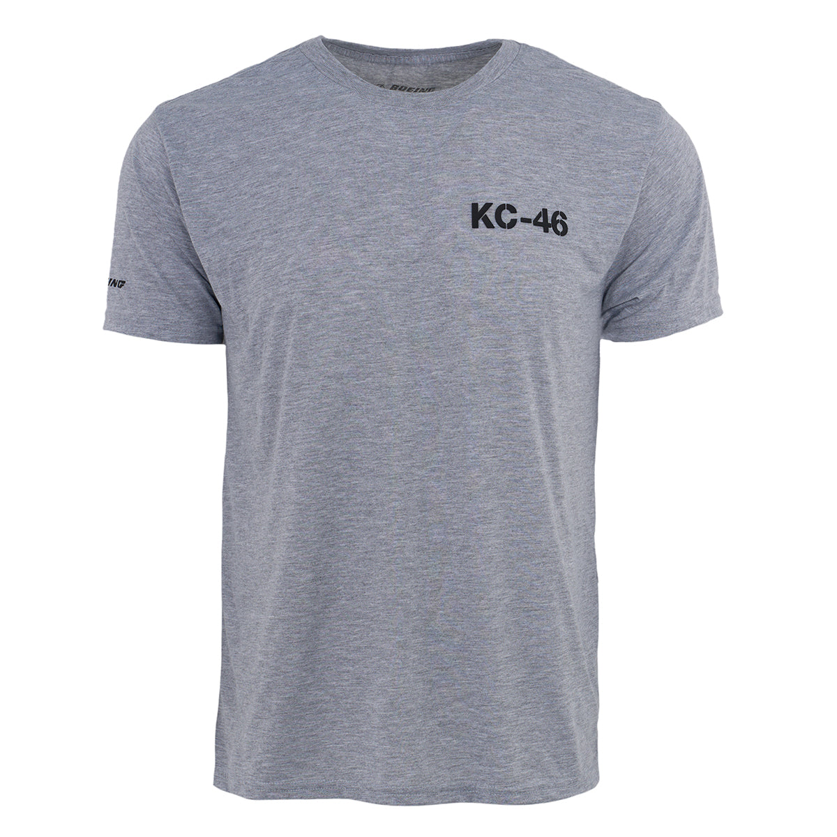 The Boeing KC-46A Pegasus Series Unisex T-Shirt by BOEING features heather gray, moisture-wicking fabric, a relaxed fit, crew neckline, black KC-46 graphic on the chest, and a small Boeing logo on the left sleeve—perfect for aviation fans.