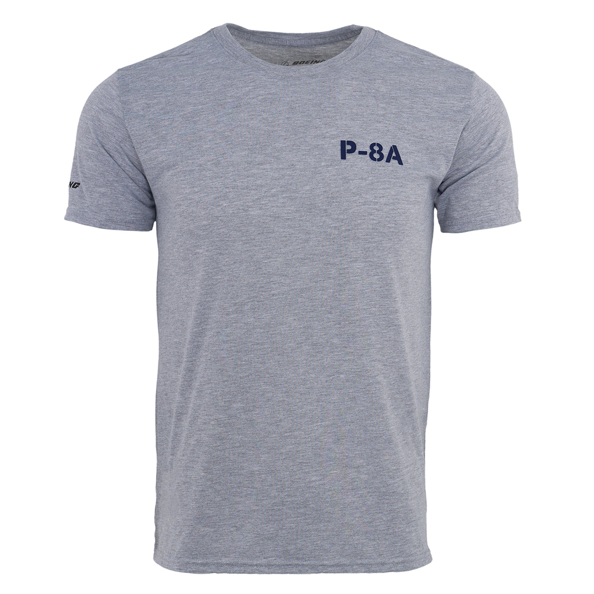 The BOEING P-8A Poseidon Series Unisex T-Shirt is a light gray, breathable short-sleeve tee featuring a navy blue P-8A print on the left chest—ideal for aviation enthusiasts who prefer a simple, comfortable style.