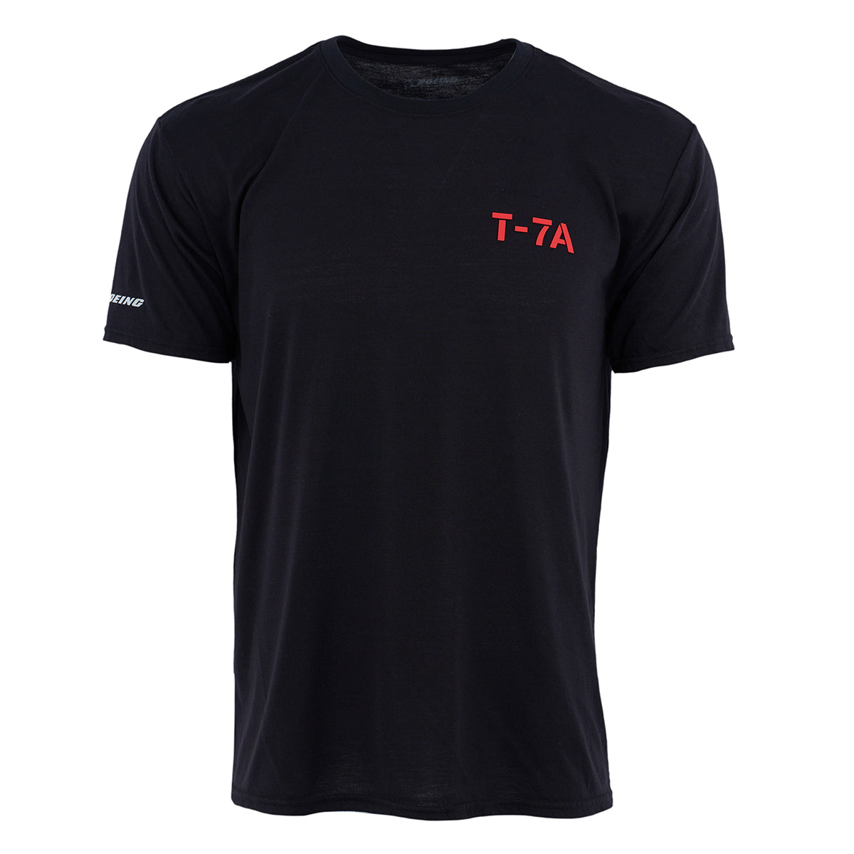 The Boeing T-7A Red Hawk Series Unisex T-Shirt features a black short-sleeve design, T-7A in red on the left chest, and BOEING in white on the left sleeve—ideal for aviation fans. Comfortable and breathable, shown on a plain white background.