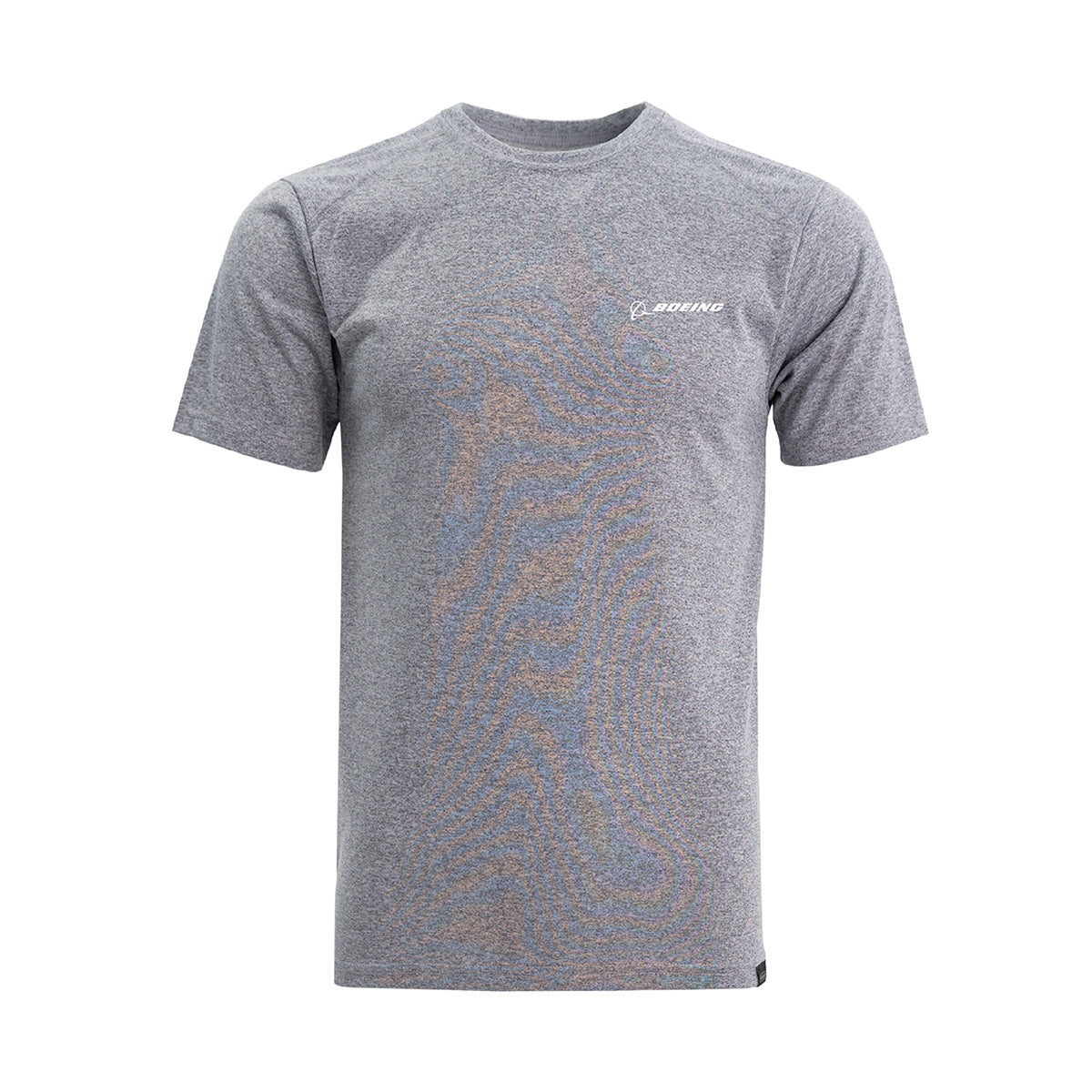 The Boeing Signature Recover Mens Sport T-Shirt by BOEING is a heather gray short-sleeve tee made from recycled materials, featuring a small white Boeing logo on the left chest and shown on a plain white background.