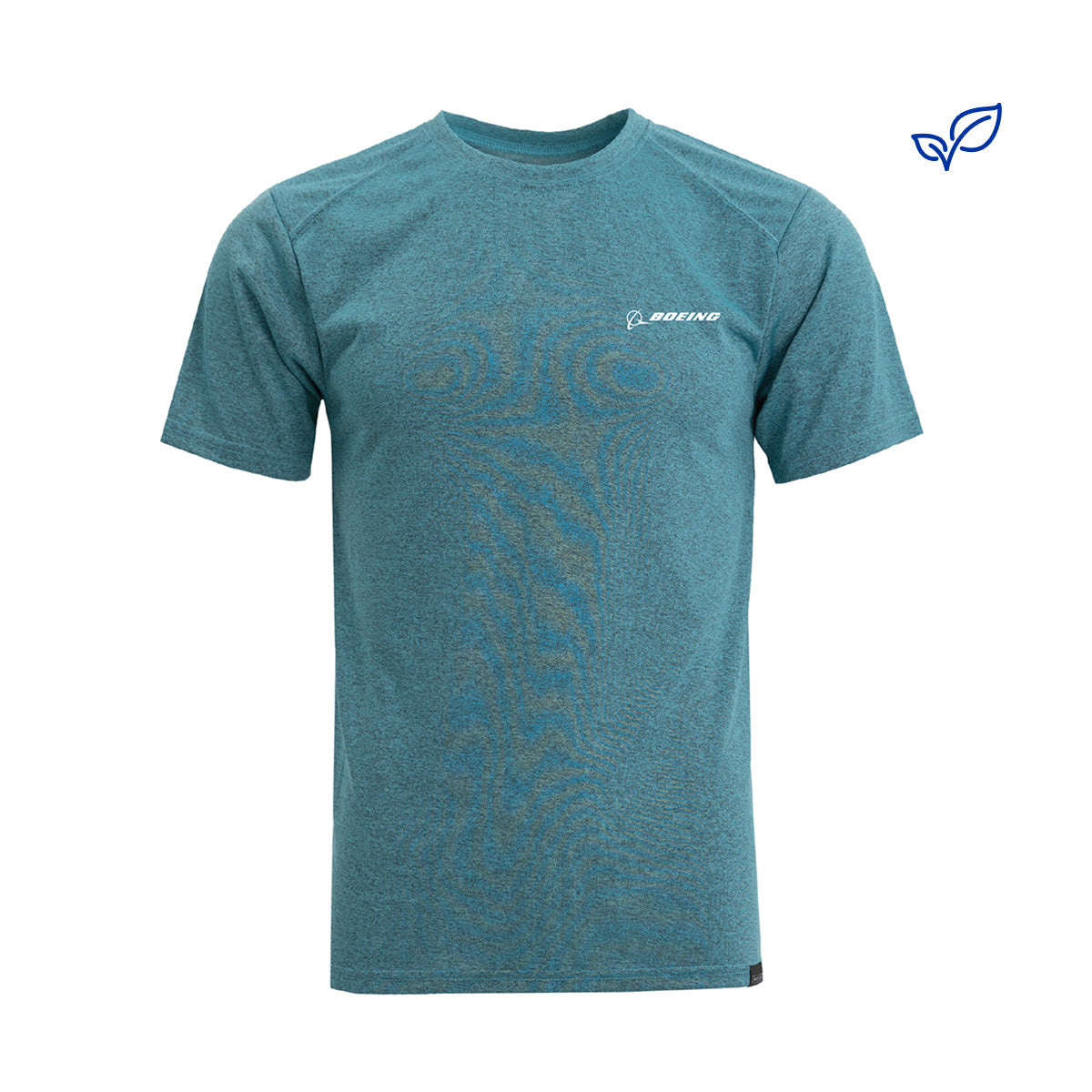 The Boeing Signature Recover Mens Sport T-Shirt by BOEING features teal moisture-wicking fabric and a small white Boeing logo on the left chest. Displayed on a plain white background with a blue leaf icon in the top right.