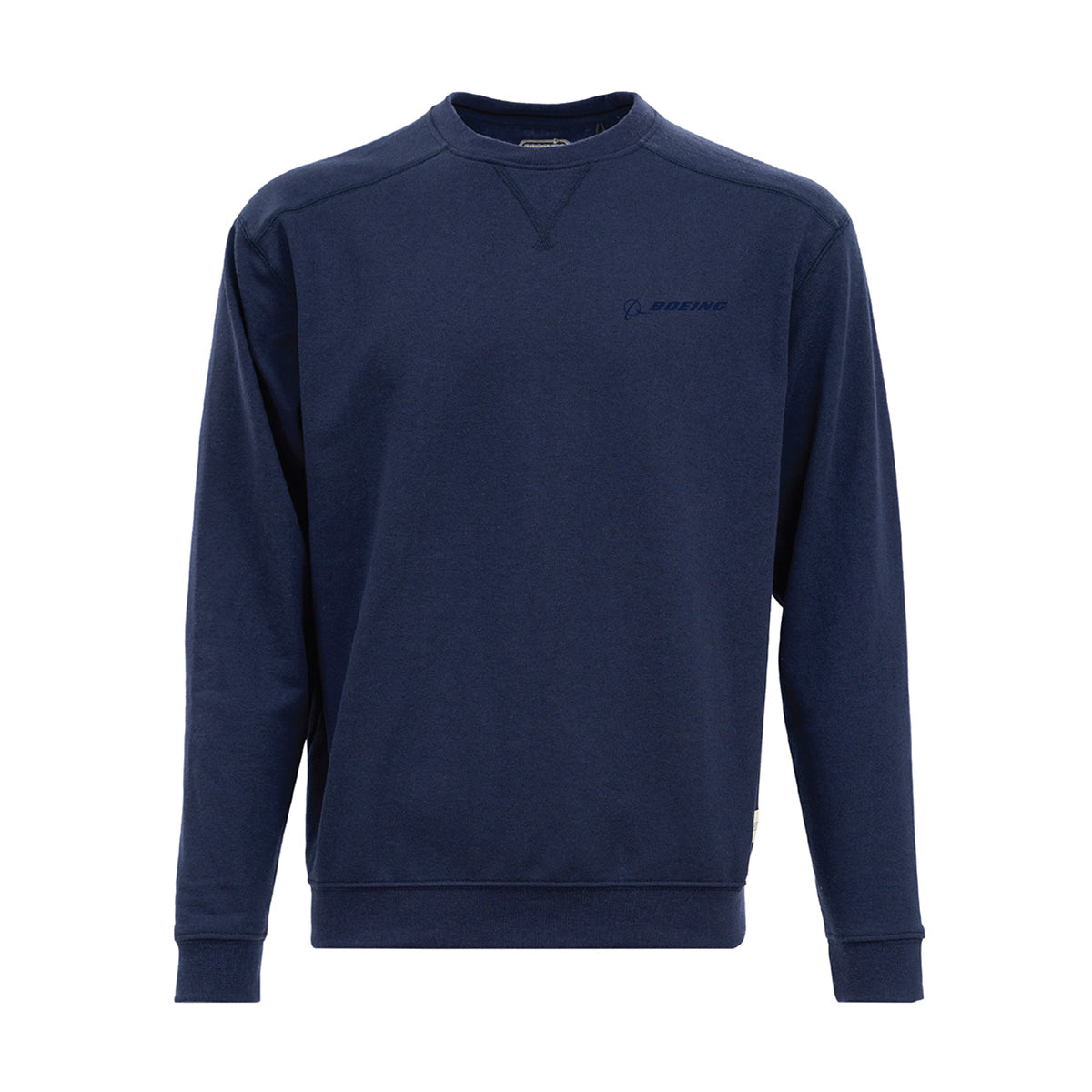 The Boeing Signature Recover Unisex Crewneck Sweatshirt by BOEING is a navy, long-sleeve crewneck made from recycled materials. It features Boeing and a simple logo embroidered in dark blue on the left chest, with a relaxed fit and no visible pockets.
