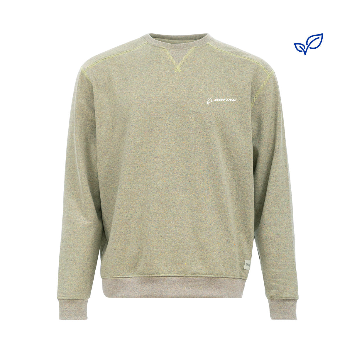 The Boeing Signature Recover Unisex Crewneck Sweatshirt by BOEING features a light gray-green color, long sleeves, subtle yellow stitching, a small white Boeing logo on the left chest, and a blue eco-friendly leaf icon. Made with recycled materials.