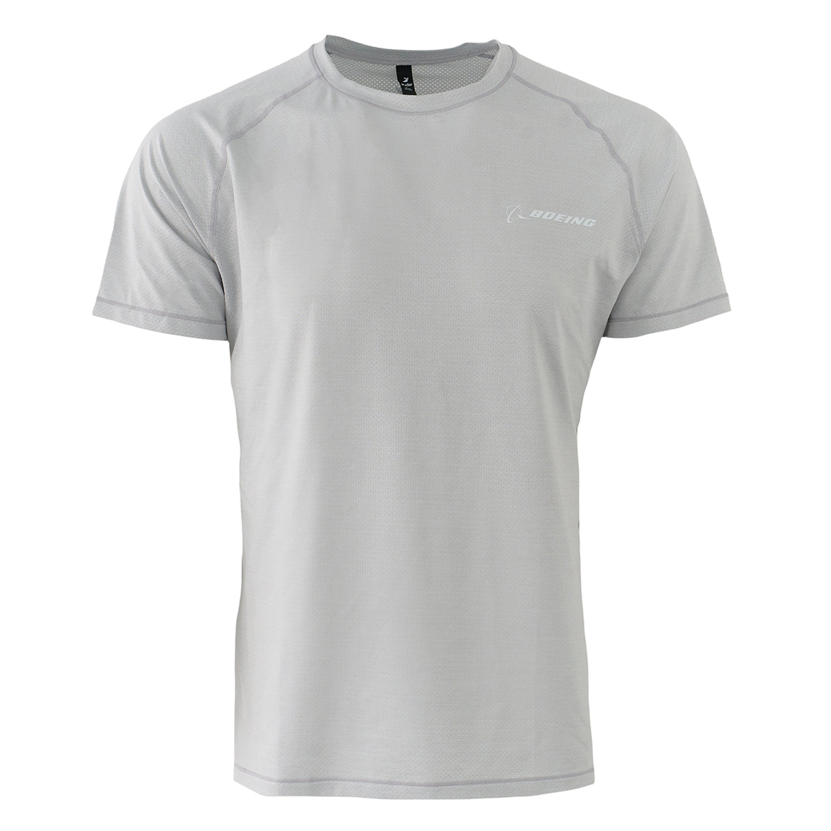 The Glyder Boeing Men’s Motivator T-Shirt by BOEING is a light gray, short-sleeve athletic shirt with a small white Boeing logo on the left chest and moisture-wicking fabric, shown against a plain white background.