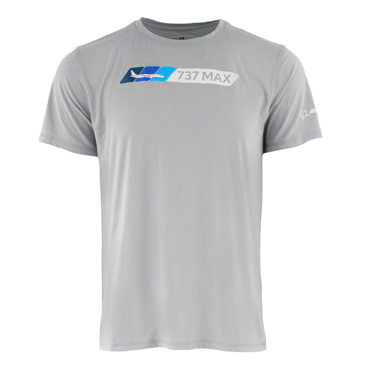 The BOEING 737 MAX Velocity Unisex Tech Stretch T-Shirt is a light gray, moisture-wicking athletic tee featuring blue and gray blocks and a small Boeing 737 MAX graphic on the chest.
