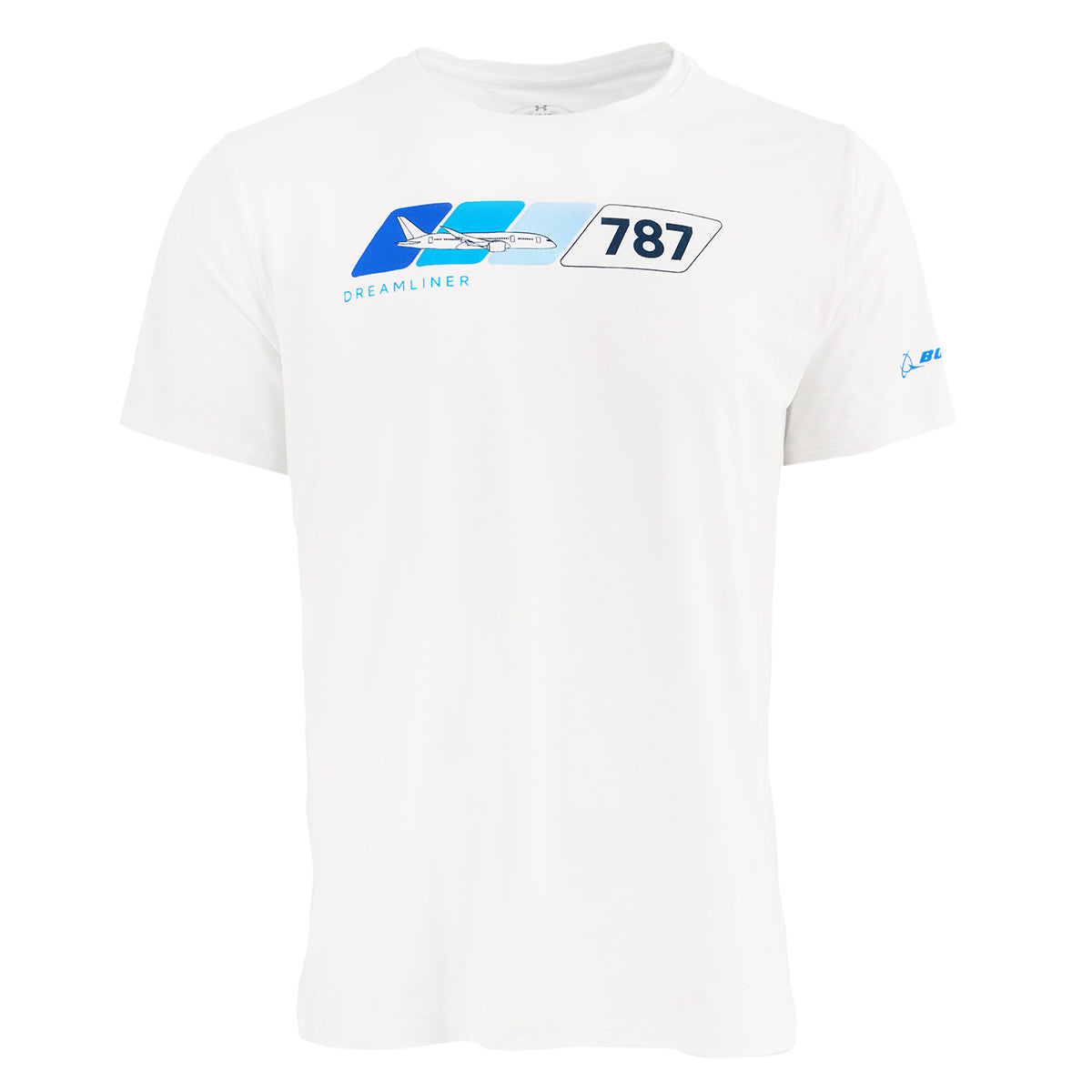 The BOEING 787 Dreamliner Velocity Unisex Tech Stretch T-Shirt features a blue and gray 787 Dreamliner graphic and text on the chest, moisture-wicking fabric, and a small blue logo on the left sleeve.